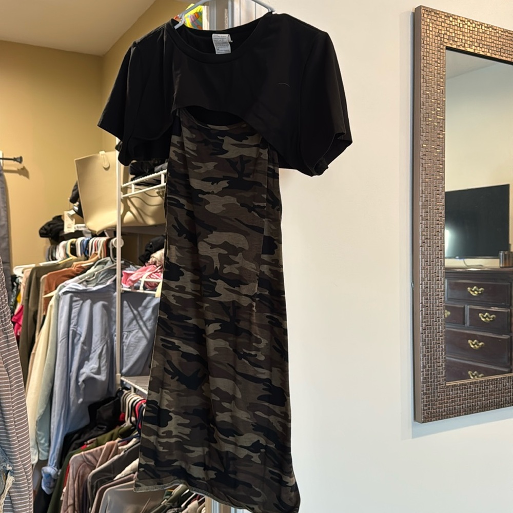 Camo tank top spaghetti strap dress with black removable cover